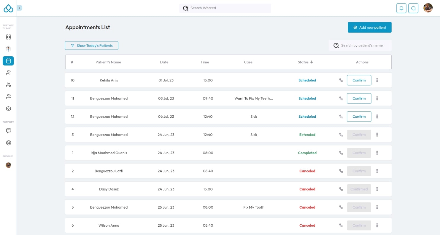 appointments list view for clinics